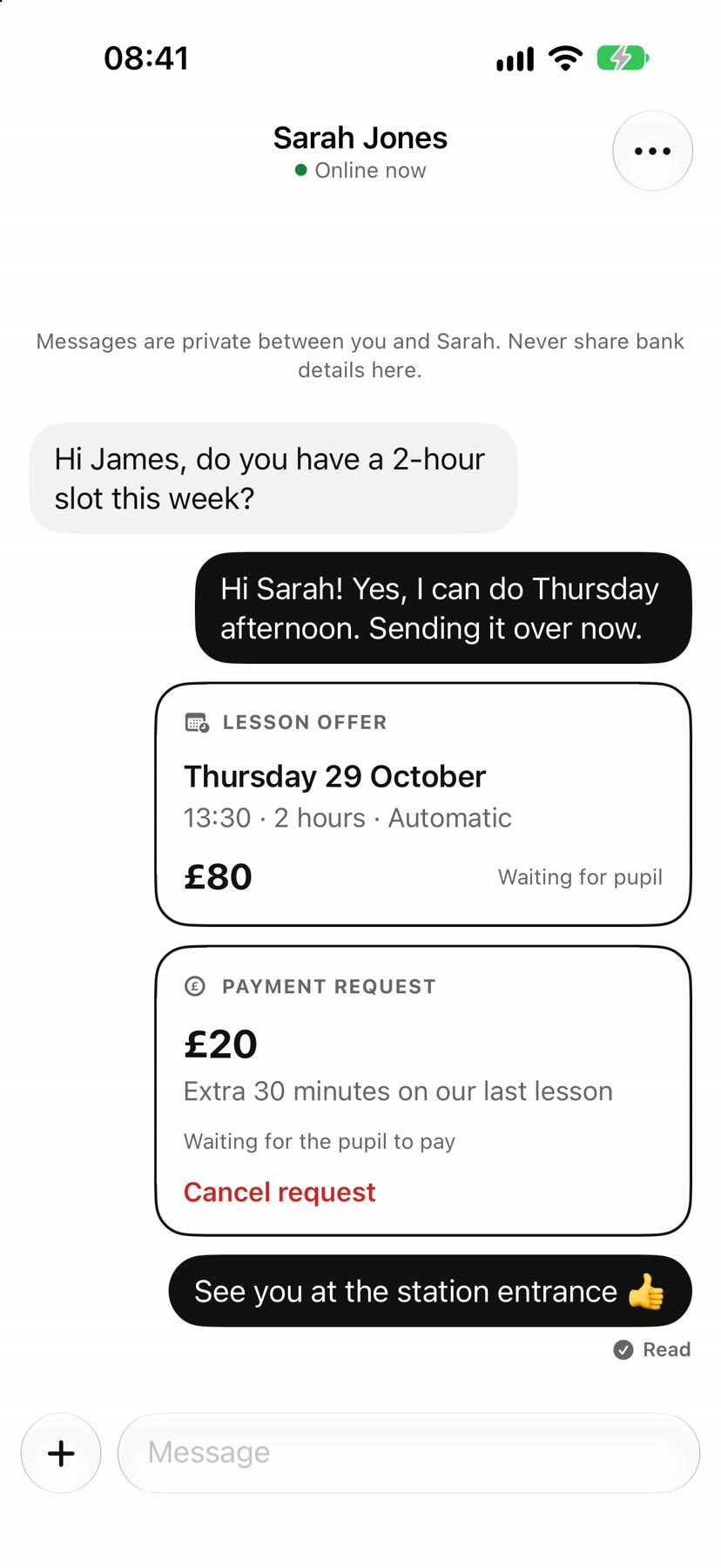 James's chat with his pupil Sarah, with the 2-hour lesson offer he sent her for £80.