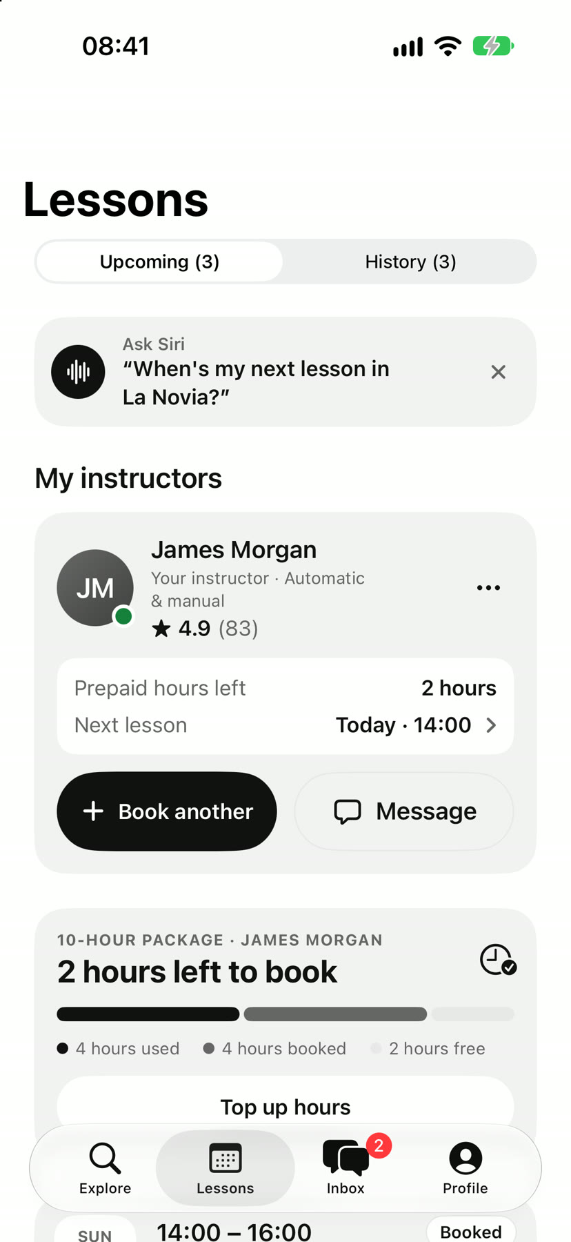 Sarah's Lessons screen: her instructor James, 2 prepaid hours left and her next lesson today at 14:00.