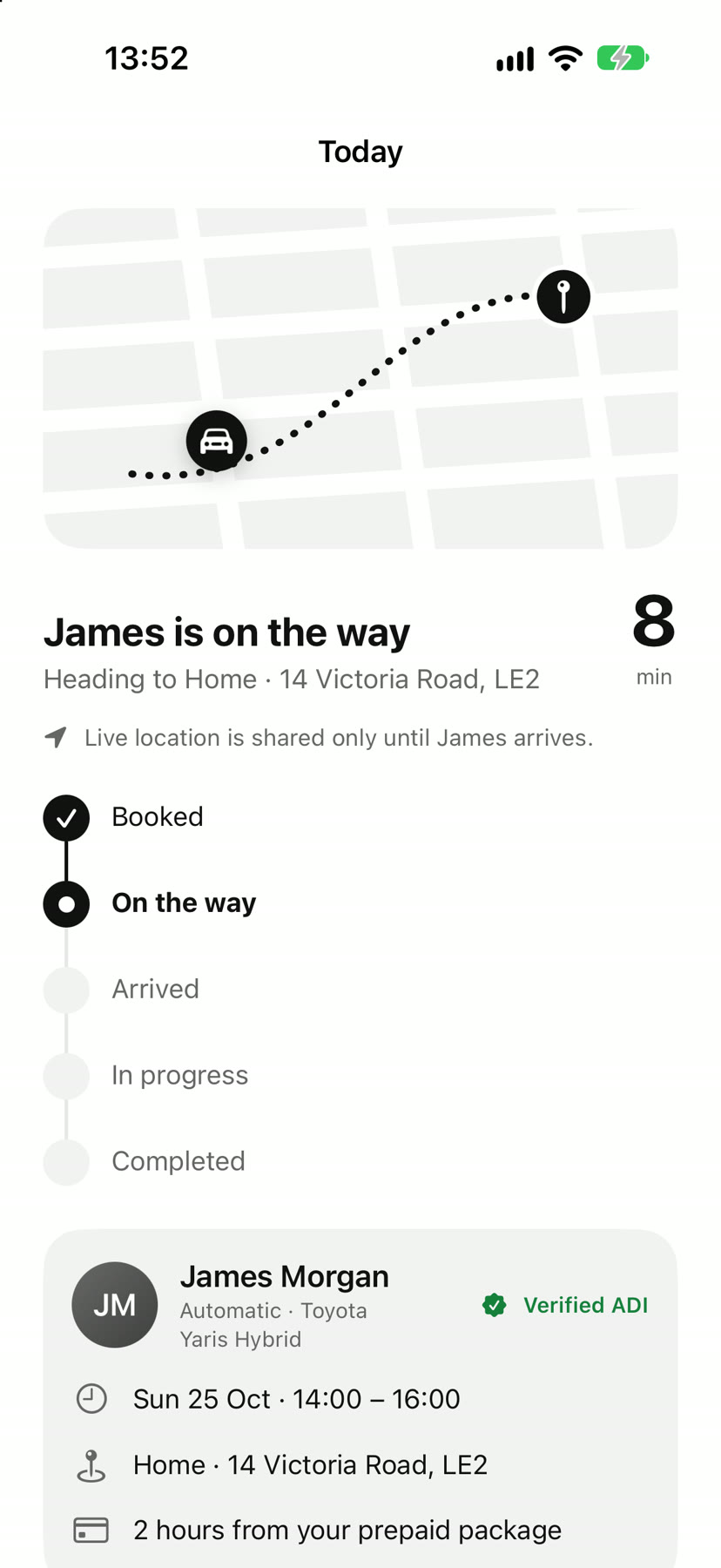 Sarah's lesson at 14:00 going live: James is on the way, 8 minutes away, with the stages from booked to completed.